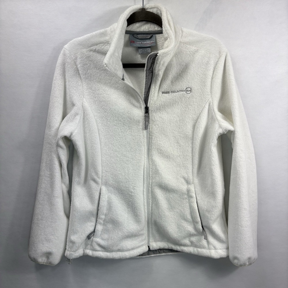 Free Country‎ White Fleece Jacket Women's Medium Full Zip Soft Plush Warm EUC